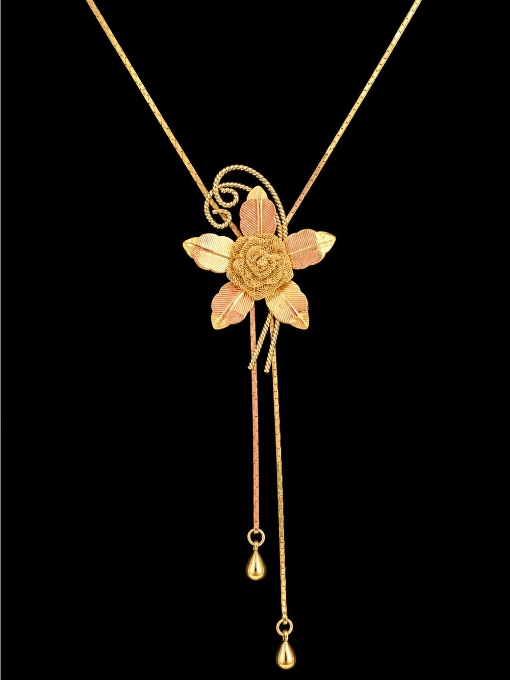Vintage Gold Tone Flower Lariat Y Necklace Sliding Floral Drop Necklace